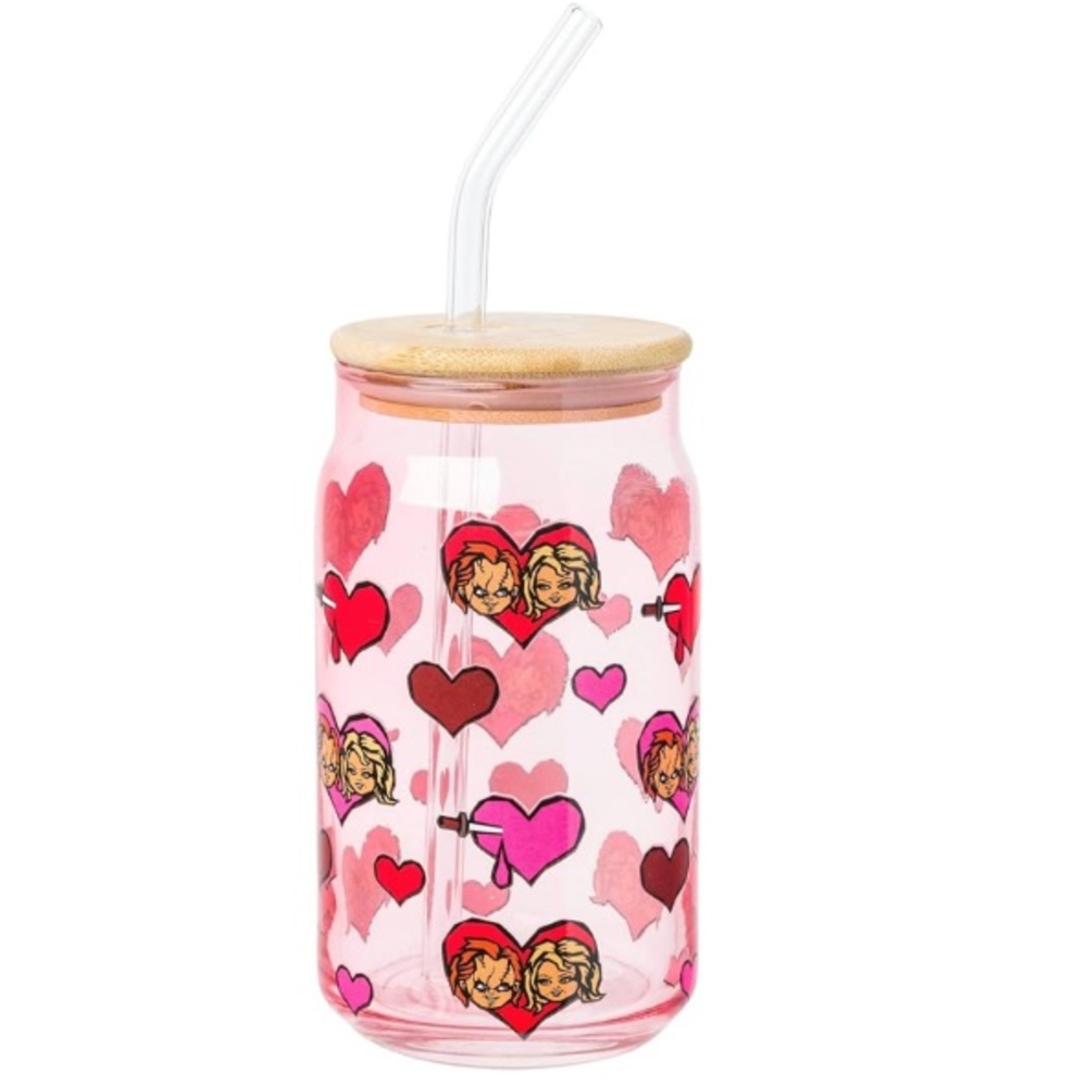 Chucky And Tiffany Horror Hearts Glass Jar Tumbler W/Bamboo Lid 16oz NEW SEALED